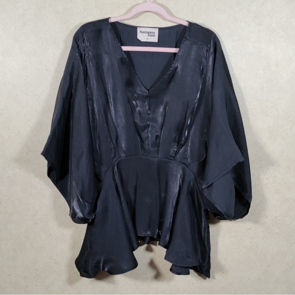 Savanna Jane Midnight Black Satin V-Neck Flared Peplum Blouse